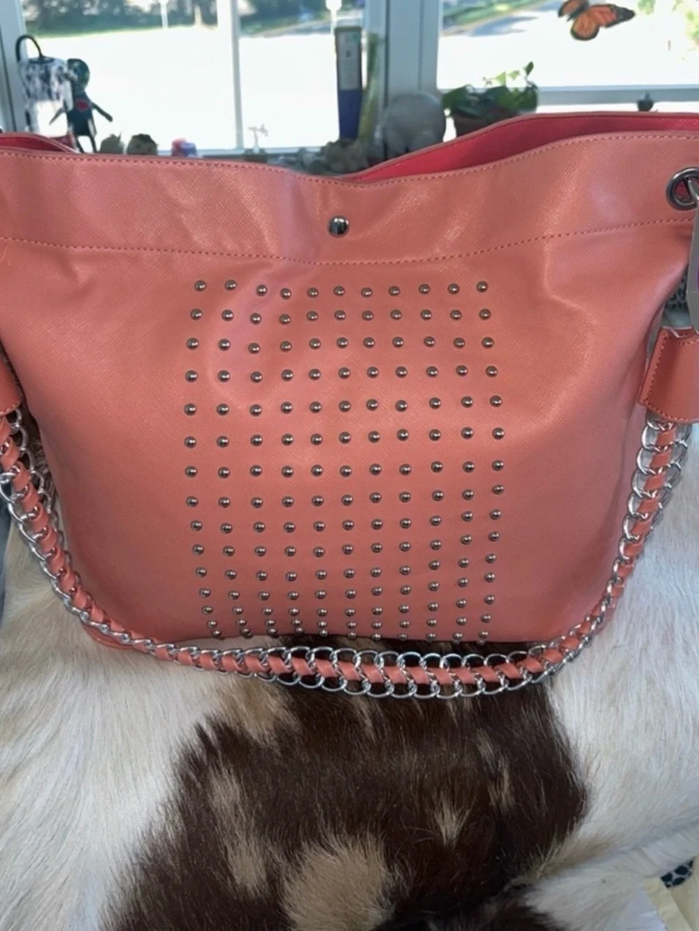 Sharif Coral Pink Studded Tote with Silver Chain